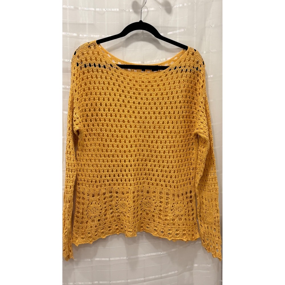 Jeanne Pierre Mustard Yellow Open Knit Crochet Cotton Sweater Womens Large L